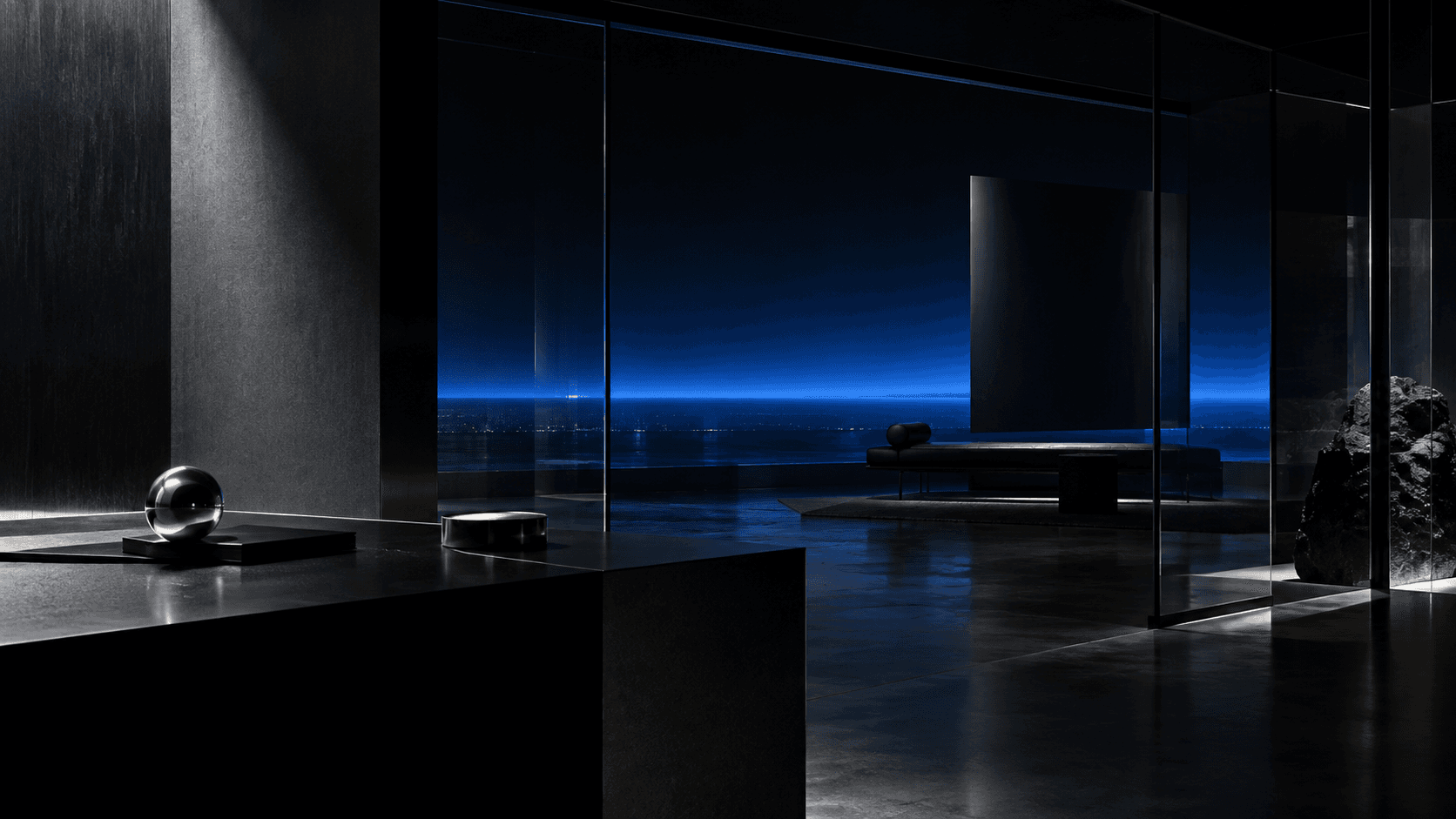 An abstract dark studio interior illuminated by a blue horizon